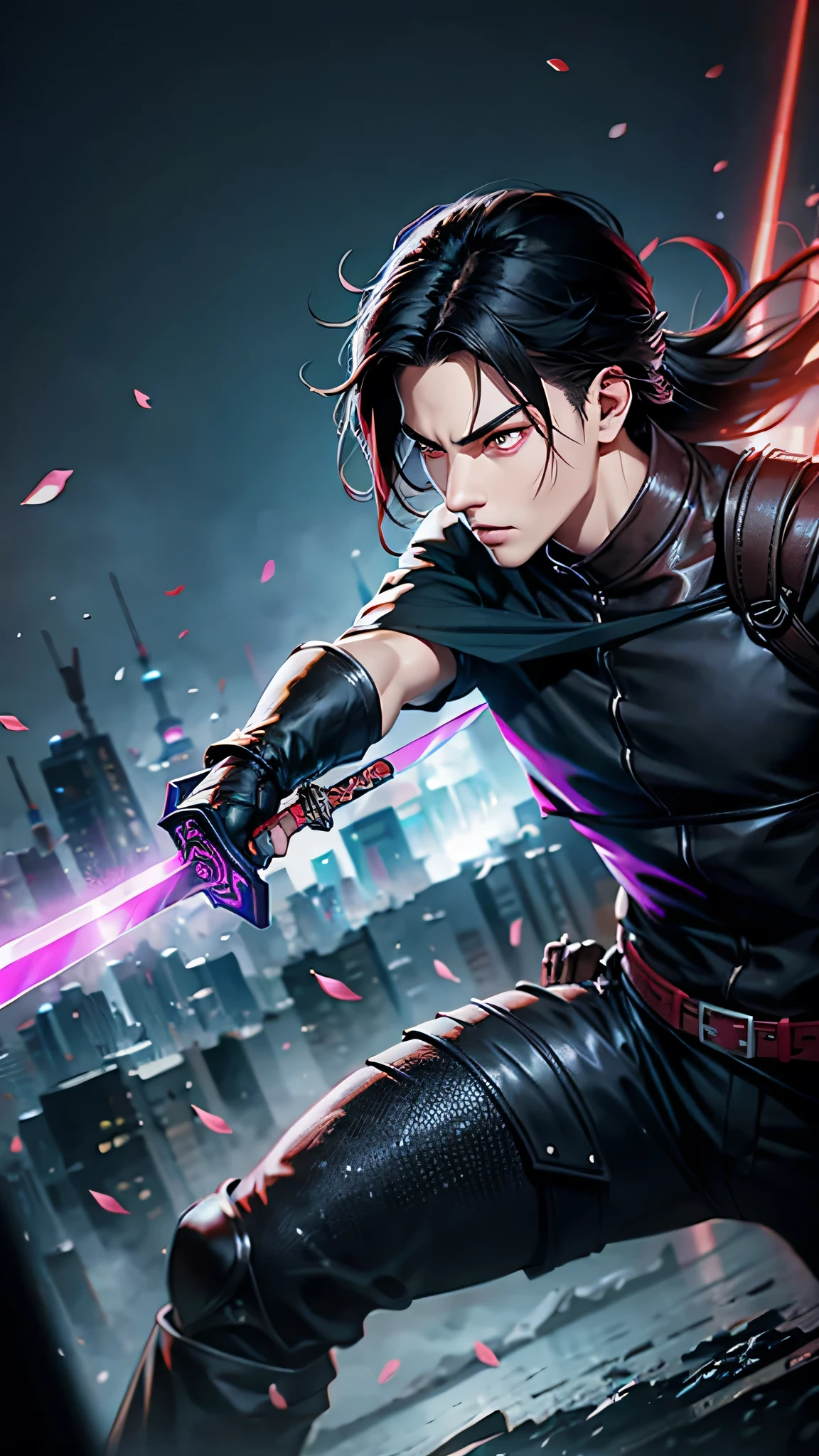 最high quality、Best image quality、masterpiece、male((18-year-old、slender、Stubble、Holding a sword、Ninja clothing、Red eyes、Cool hairstyle、Black Hair、Fighting Pose))high quality、Beautiful art、background((Tokyo,Neon Town)),Tabletop、Exquisite design、Visual Arts、Written boundary depth、Best lighting、Highest detail、8k