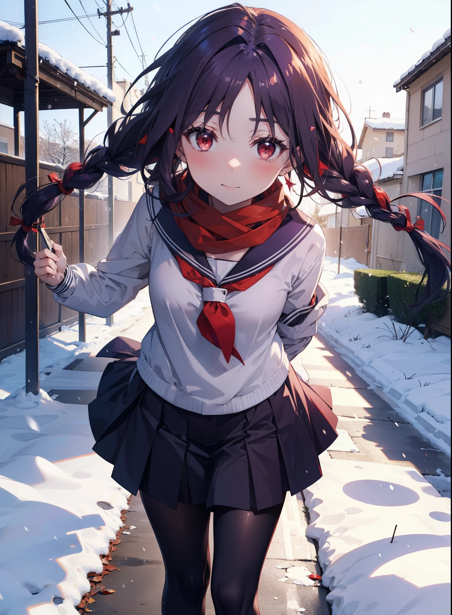 yuukikonno, Yuuki Konno, hair band, Long braids, Pointed Ears, Purple Hair, (Red eyes:1.5), (Small breasts:1.2),smile,blush,Red scarf,Purple sailor uniform,Purple pleated skirt,Black pantyhose,Brown loafers,snowが積もっている,snowが降っている,snow,snow,snow,snow, Walking,whole bodyがイラストに入るように,
break looking at viewer, whole body,
break outdoors, School,courtyard,
break (masterpiece:1.2), Highest quality, High resolution, unity 8k wallpaper, (figure:0.8), (Beautiful attention to detail:1.6), Highly detailed face, Perfect lighting, Highly detailed CG, (Perfect hands, Perfect Anatomy),