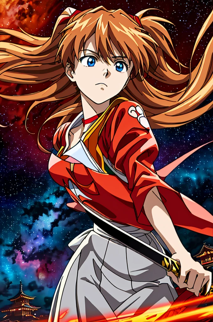 Highest quality, masterpiece, High resolution,,(Asuka Langley),(smug face),Holding a Japanese sword in his right hand,Evangelion,(Starry Sky_background),young woman,Anime Style, 4K, alone,whole body, looking at the camera, (Red_coat)Blue Eyes,Brown_hair,(Full Finger), Hyper Detail, (Intricate details),