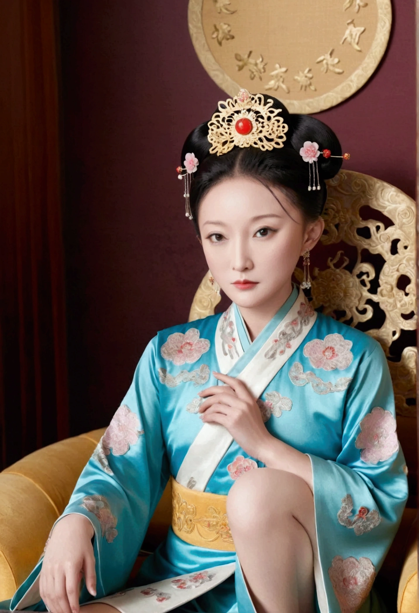 A gorgeous empress from the Chinese imperial court during the Qing Dynasty, fully naked on a large golden sofa, spreading one's legs open wide with knees bent,creating the shape of the letter M(Porn Pose) A gorgeous Chinese imperial empress with her hair tied on both sides and wearing a crown、Background of kinky and erotic woman tying her hair、The story is set in the luxurious rooms of an empress in the Chinese imperial court during the Qing dynasty.。