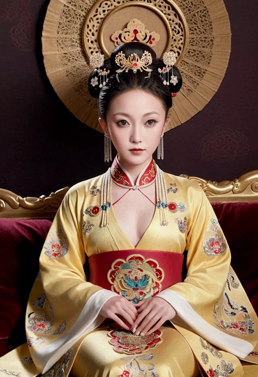 A gorgeous empress from the Chinese imperial court during the Qing Dynasty, fully naked on a large golden sofa, spreading one's legs open wide with knees bent,creating the shape of the letter M(Porn Pose) A gorgeous Chinese imperial empress with her hair tied on both sides and wearing a crown、Background of kinky and erotic woman tying her hair、The story is set in the luxurious rooms of an empress in the Chinese imperial court during the Qing dynasty.。
