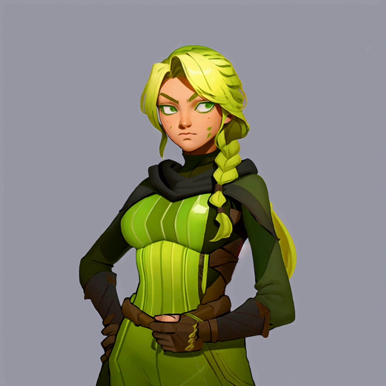 concept art, European and American comics, game character design, RPG Fantasy Game Characters, solo, 20-year-old European woman, blonde hair, golden hair, long hair, braid (((Lime green fabric combat suit))),white background, Brown eyebrows ,holding a bow,black eye, Focused on the upper body, Make your face look bigger,((Draw only up to the waistline))), (((Zoom in so the face is clearly visible))), (((Focused on the upper body))), Lime green short-sleeved top, A cloak with a hood, Brown corset, Lime green gloves, Brown waist belt, The belt buckle is lime green, Short lime green skirt, holding a bow, Wearing a quiver,