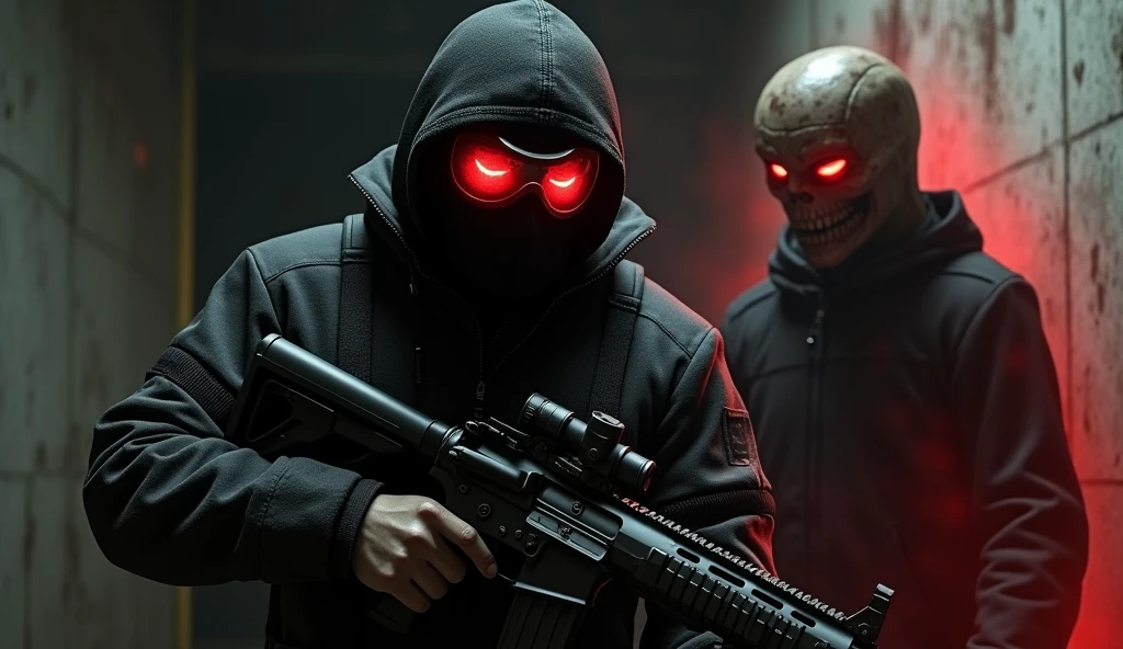 F.E.A.R. operative wearing black tactical balaclava and red googles holding assault rifle is standing with Paxton Fettel from F.E.A.R. game. Paxton's aura is glowing red and his mouth covered in blood