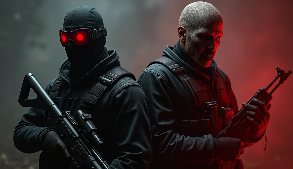 F.E.A.R. operative wearing black tactical balaclava and red googles holding assault rifle is standing with Paxton Fettel from F.E.A.R. game. Paxton's aura is glowing red and his mouth covered in blood