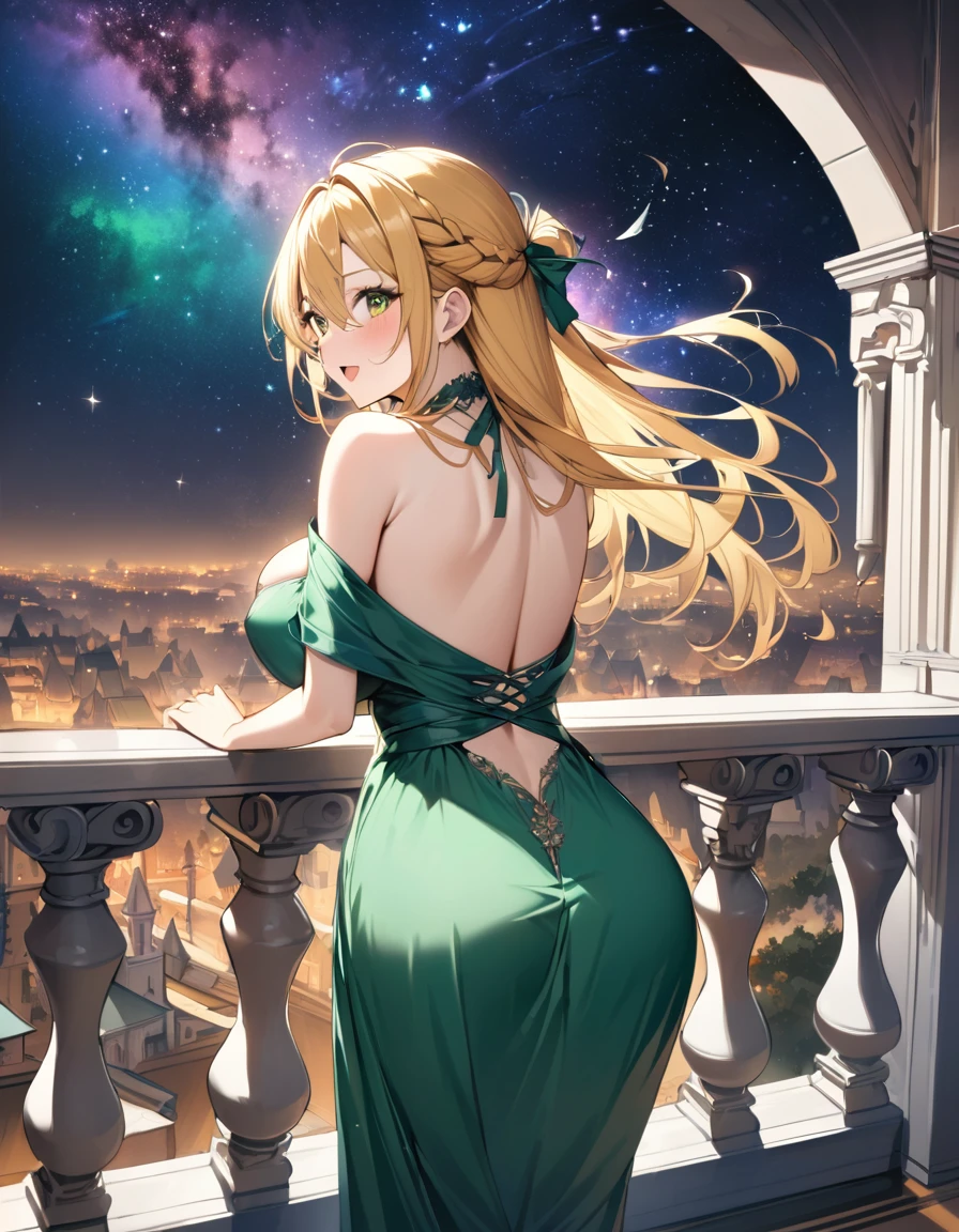 (masterpiece)、(absurdres)、(ultra detailed)、(8k)、solo woman:1.1、big breast:0.9,french braid、yellow long hair:1.1、green eye、hair between eyes、from behind,BREAK,(Emerald-green maxi dress),BREAK,happy,Starry Sky、nebula、Balcony with a medieval view、