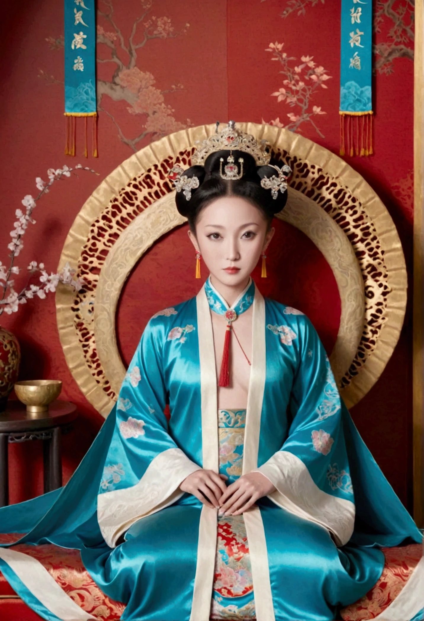 A gorgeous empress from the Chinese imperial court during the Qing Dynasty, fully naked on a large golden sofa, spreading one&#39;s legs open wide with knees bent,creating the shape of the letter M（Porn Pose） A gorgeous Chinese imperial empress with her hair tied on both sides and wearing a crown、Background of kinky and erotic woman tying her hair、The story is set in the luxurious rooms of an empress in the Chinese imperial court during the Qing dynasty.。