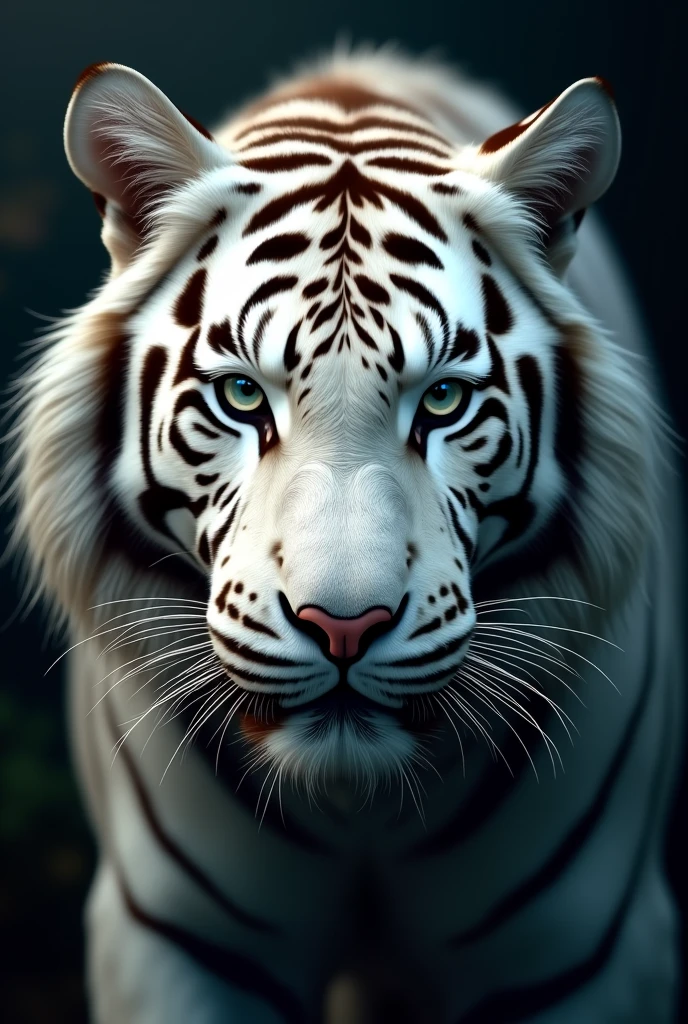 "Create an ultra-realistic, high-resolution 8K image of a powerful white tiger with a serious, cold, and calculating expression. The focus is entirely on the white tiger's  face, capturing the sheer intensity and strength in its features. Every detail of the tiger’s face should be meticulously rendered, from the short, fine hairs around its muzzle to the thick, imposing mane that frames its face with a mix of darker and lighter tones.

The tiger’s eyes are sharp and penetrating, conveying a sense of deep, strategic thought, as if it is carefully analyzing its surroundings. The expression is one of calm, controlled power, with a slight tension in the muscles around its mouth and eyes, suggesting a readiness to act with precision and force.

The background should be minimal, dark, or slightly blurred, ensuring that all attention is on the lion's face. The lighting is moody and dramatic, with shadows enhancing the lion’s facial structure and highlights bringing out the texture of its fur and the intensity of its gaze. The overall image should evoke a sense of respect and awe, capturing the lion's essence as a formidable, intelligent, and majestic predator."