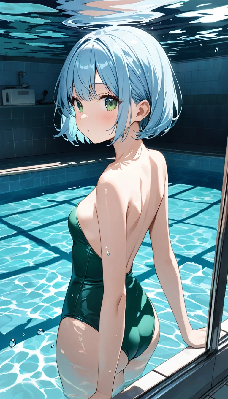 Highest quality、Light blue hair、Short Bob、Deep green eyes、Small breasts,25 years old,Deep red strapless one-piece swimsuit、Pool、Breaststroke、Underwater photography、looking outside,from back
