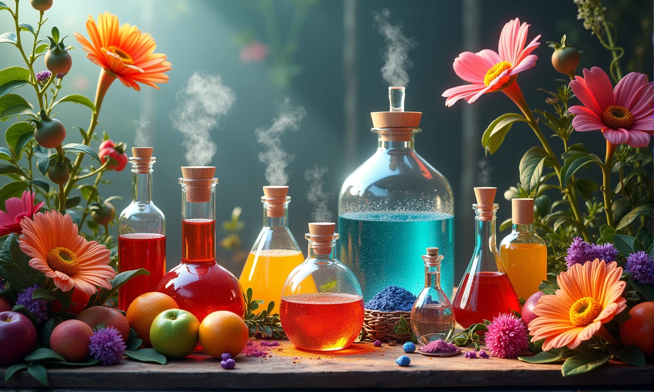 Aromatic chemicals, flowers and fruits