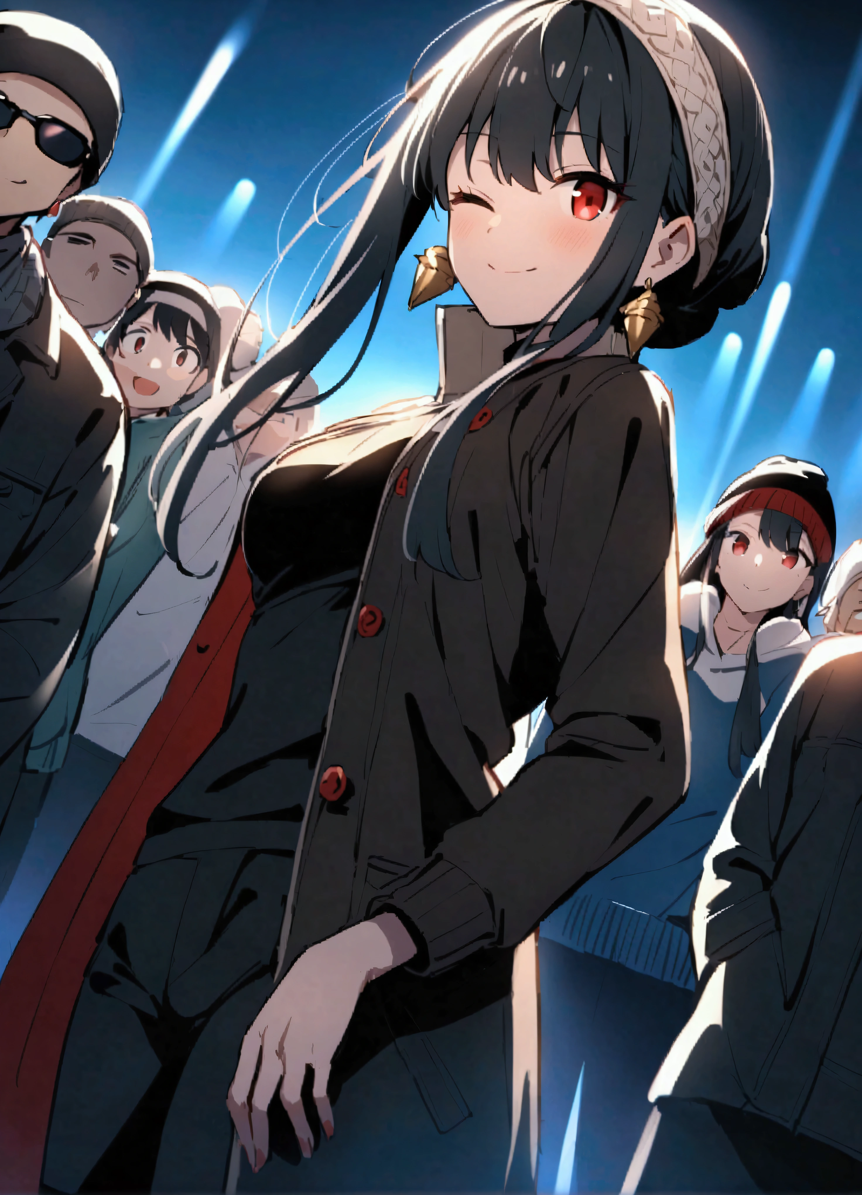 Yor briar、Black Hair、Red Eye、Earrings、白いhair band、hair band、Long Hair、Side Lock、Medium Breasted、、、レターマンJacket、Jacket、、Outdoor、crowd、people々、in、目の上にin、One eye closed、smile、Beanie、pants、Open clothes、はだけたJacket、、Cowboy Shot、solo、Staring at the audience、Dutch Angle、