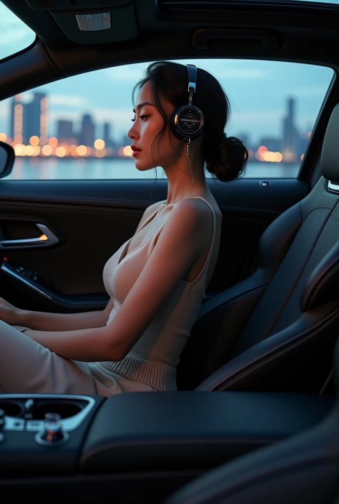 Beautiful woman listening to music in a luxury car,Japan,8k