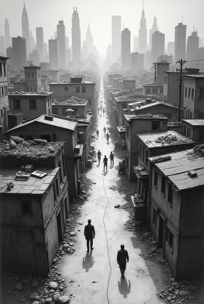Create a drawing that represents social segregation, a drawing that contains a rich part and a poor part in the same geographic space