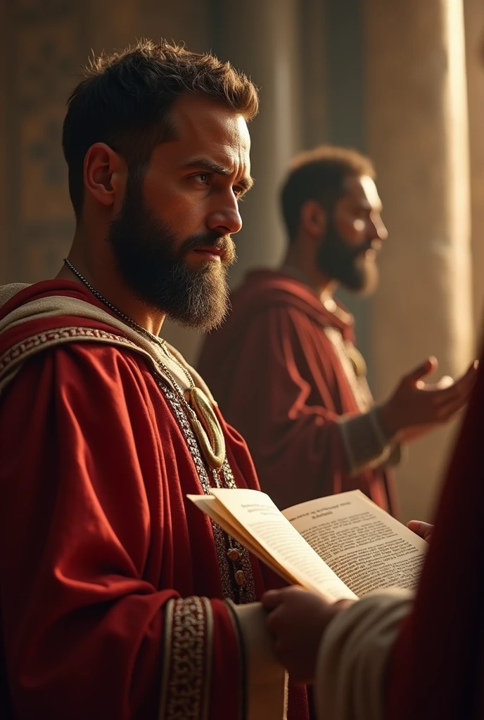 A scene of Pilate receiving reports about Jesus, his expression a mix of curiosity and apprehension. The background shows a Roman messenger handing over scrolls, indicating the flow of information. -ar 16:9"