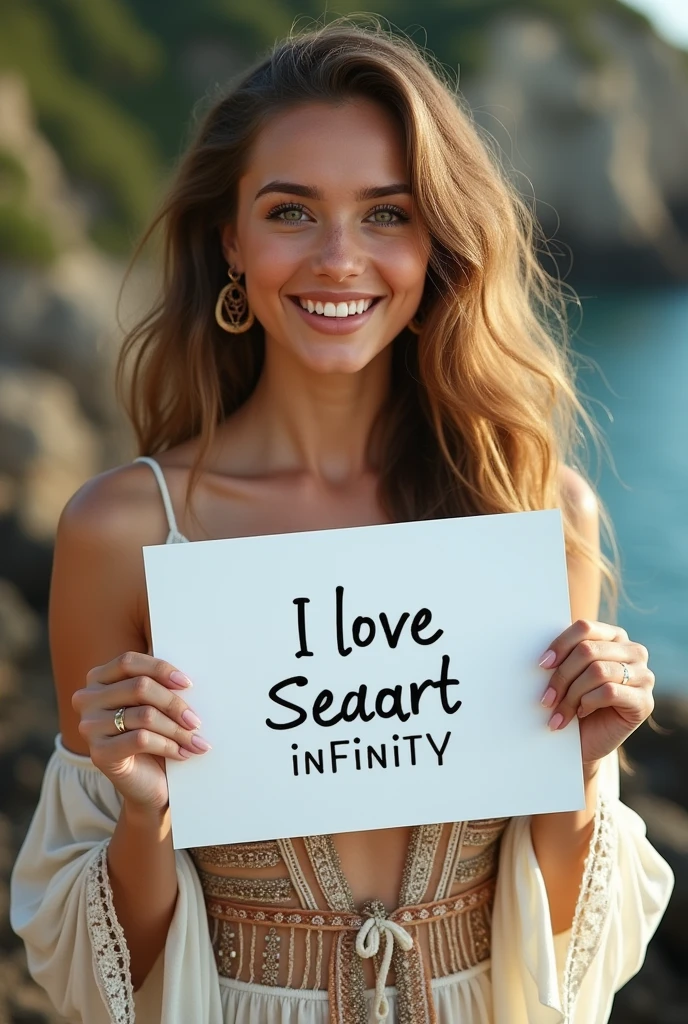 Beautiful girl with wavy long hair, bohemian dress, holding a white board with text "I Love Seaart Infinity" and showing it to the viewer