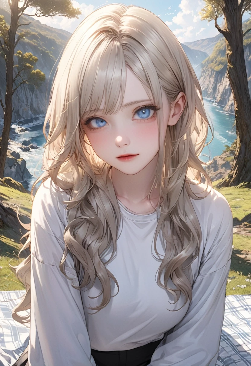 Illustration, detailed illustration, ultra detailed, dynamic angle, 19 year old girl, beautiful, platinum blonde, long hair, wavy hair, cold blue eyes, pale skin, emotionless, disdainful, outdoors, scenic view, white shirt, black shorts, natural setting, trees, cliffside, picnic blanket