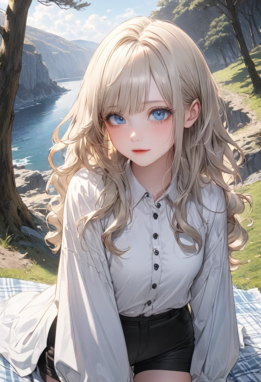 Illustration, detailed illustration, ultra detailed, dynamic angle, 19 year old girl, beautiful, platinum blonde, long hair, wavy hair, cold blue eyes, pale skin, emotionless, disdainful, outdoors, scenic view, white shirt, black shorts, natural setting, trees, cliffside, picnic blanket