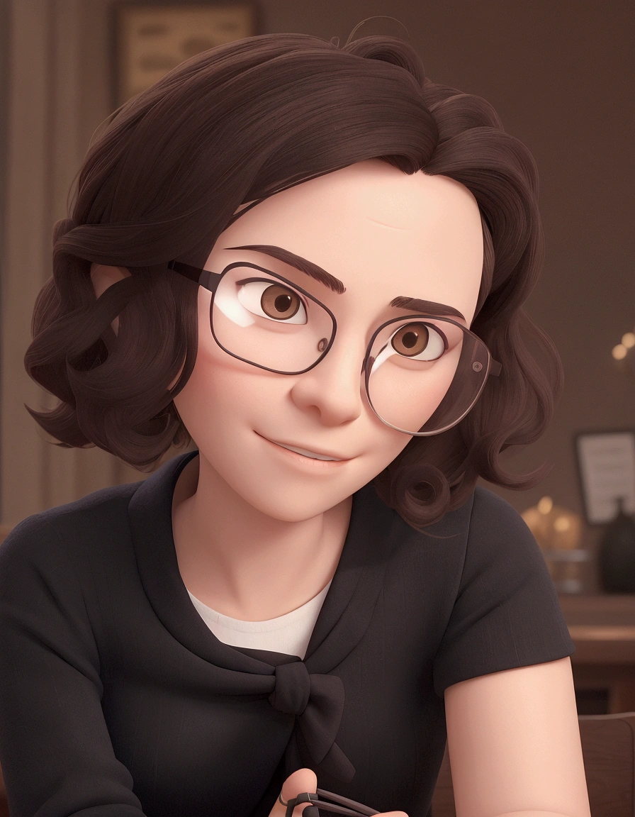 there is a woman spectacled and a tie sitting at a table, half body head shot, wear small round glasses, no makeup wavy hair, androgynous man, wear thin large round glasses, spectacled, The picture is very, very low quality, no facial features, spectacled on, androgynous face, with short hair, wear black framed glasses, nft-portrait