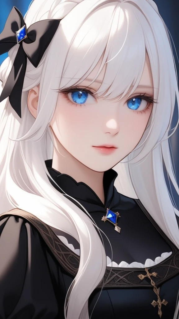 The girl has fair skin, white  hair, one blue eye. She is wearing a black medieval dress and a black bow in her hair. 