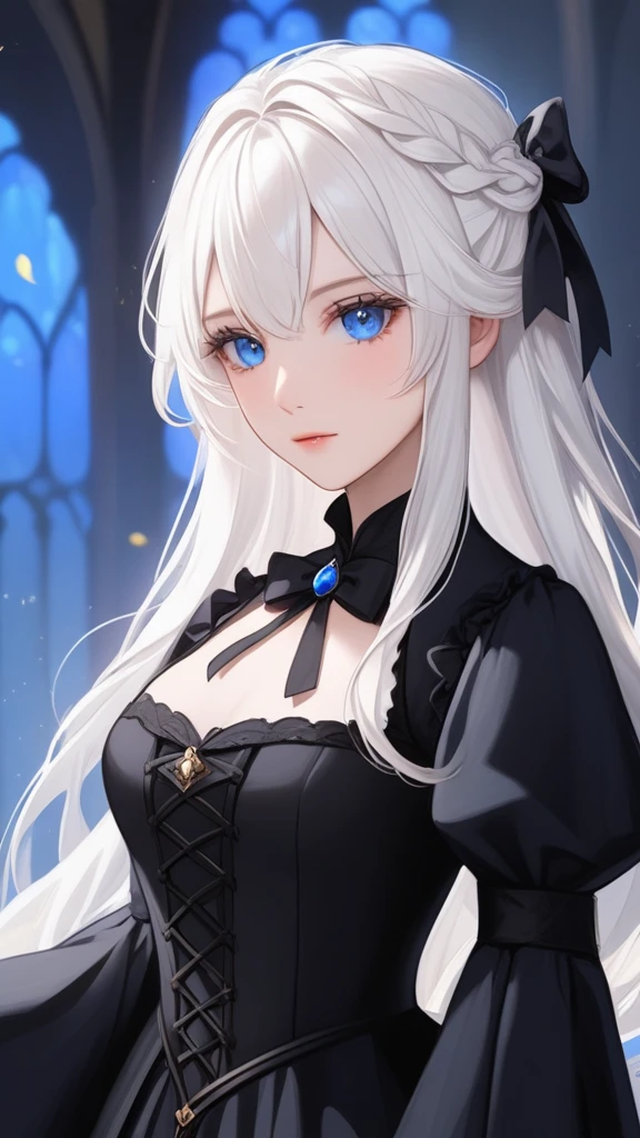 The girl has fair skin, white hair, one blue eye. She is wearing a black medieval dress and a black bow in her hair.