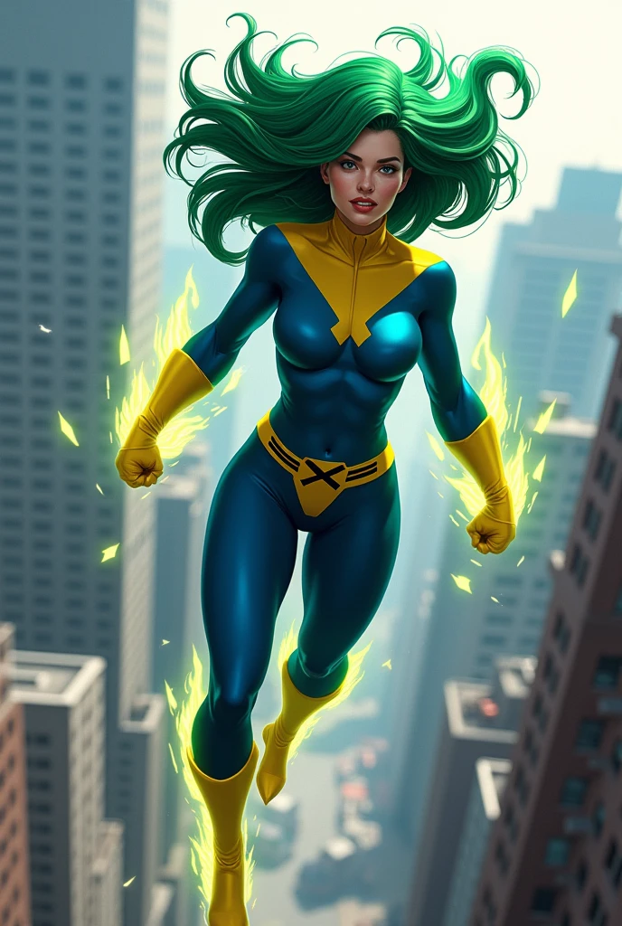 Lorna Dane, polaris x-men, green thick wavy long hair, wearing a blue costume, with yellow xmen belt, yellow glowes, yellow boots, flying in New York city