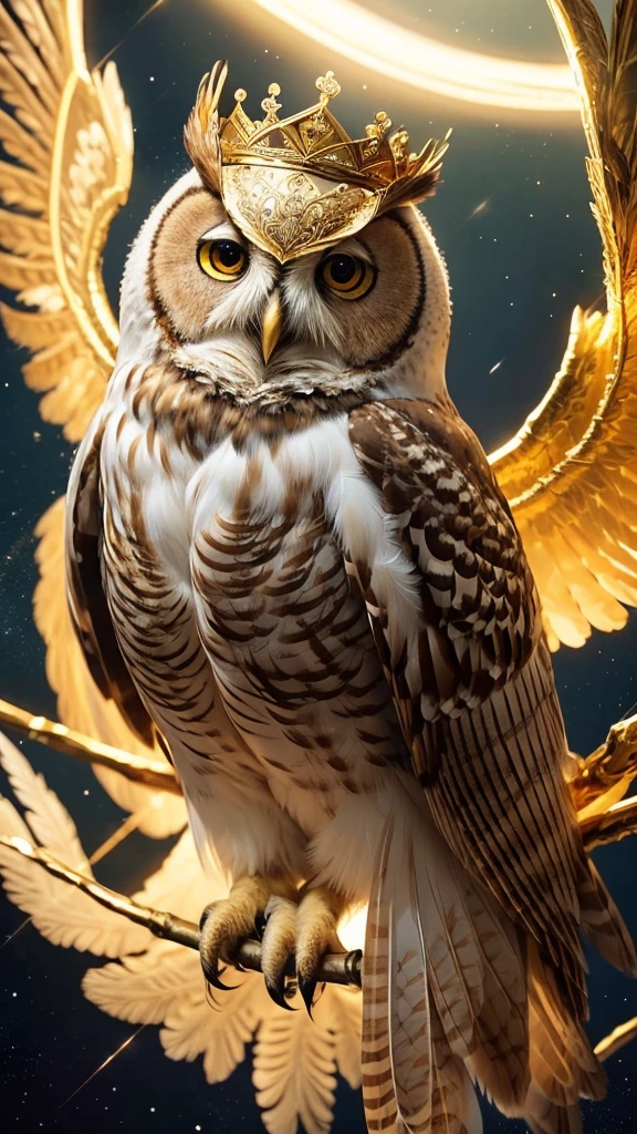 
---

**Prompt:** "Create a highly detailed, majestic image of a golden owl with an intricate and luxurious feather pattern. The owl should have a regal appearance with a glowing golden crown-like structure above its head. The background should be dark and mysterious, with a radiant star or light source directly above the owl, creating a halo effect. The owl's feathers should have a metallic sheen, and its eyes should be large and expressive, capturing an otherworldly wisdom. Add a touch of mysticism with subtle light particles or glimmers surrounding the owl, enhancing its magical and powerful aura."

---

