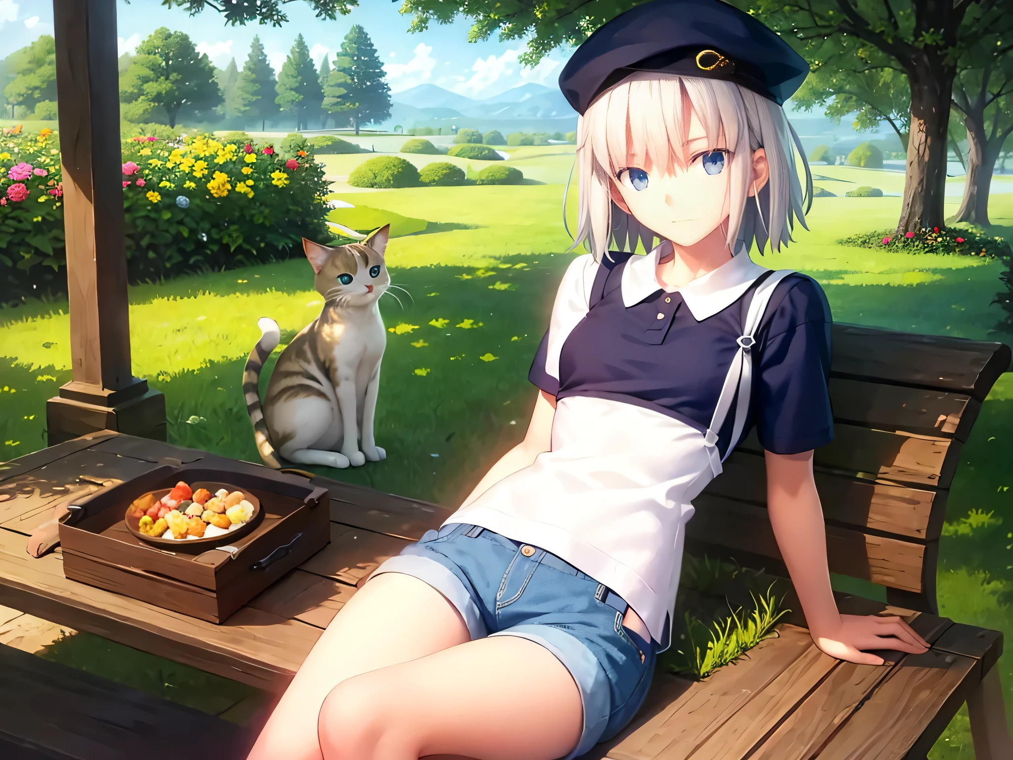 Highest quality、masterpiece、One person、、Short silver hair、Blue eyes、Cat knit hat、Short sleeve、Shorts、writer、nature、Study