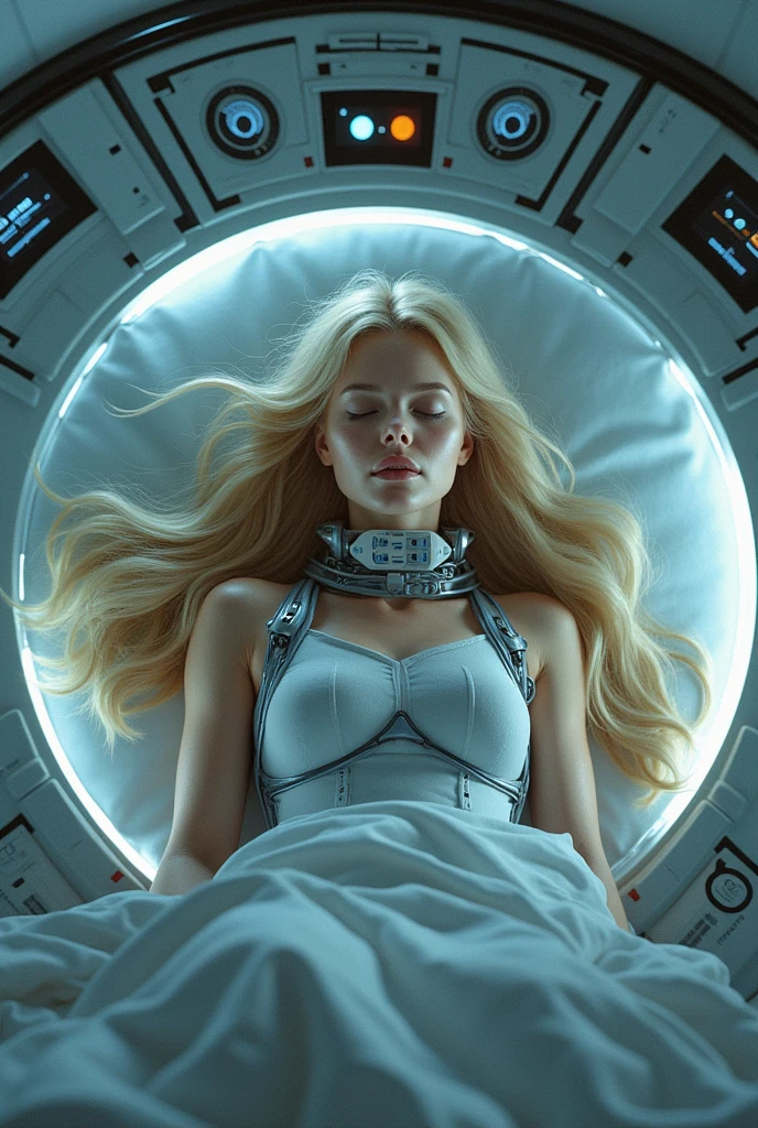 ((Beautiful realistic blonde woman full body with flowing hair in a realistic futuristic space station)), ((Sleeping in a futuristic coffin-shaped cryopod.)), ((padded bed with screen and shiny control surfaces)), ((science fiction circle on the head)), weightless & floating, (photorealistic), (in white vinyl and dark blue), (((transparent body biosuit))), (with medical sensor harness and connected cables:1.0), (style-glass), (()), HdR, smoothed, 8k, ((Sid Mead)), sharp details, ((masterpiece)), (pictorial), (good anatomy), (good proportions), (Good composition), (dramatic painting), (Style-Sylvamagic)