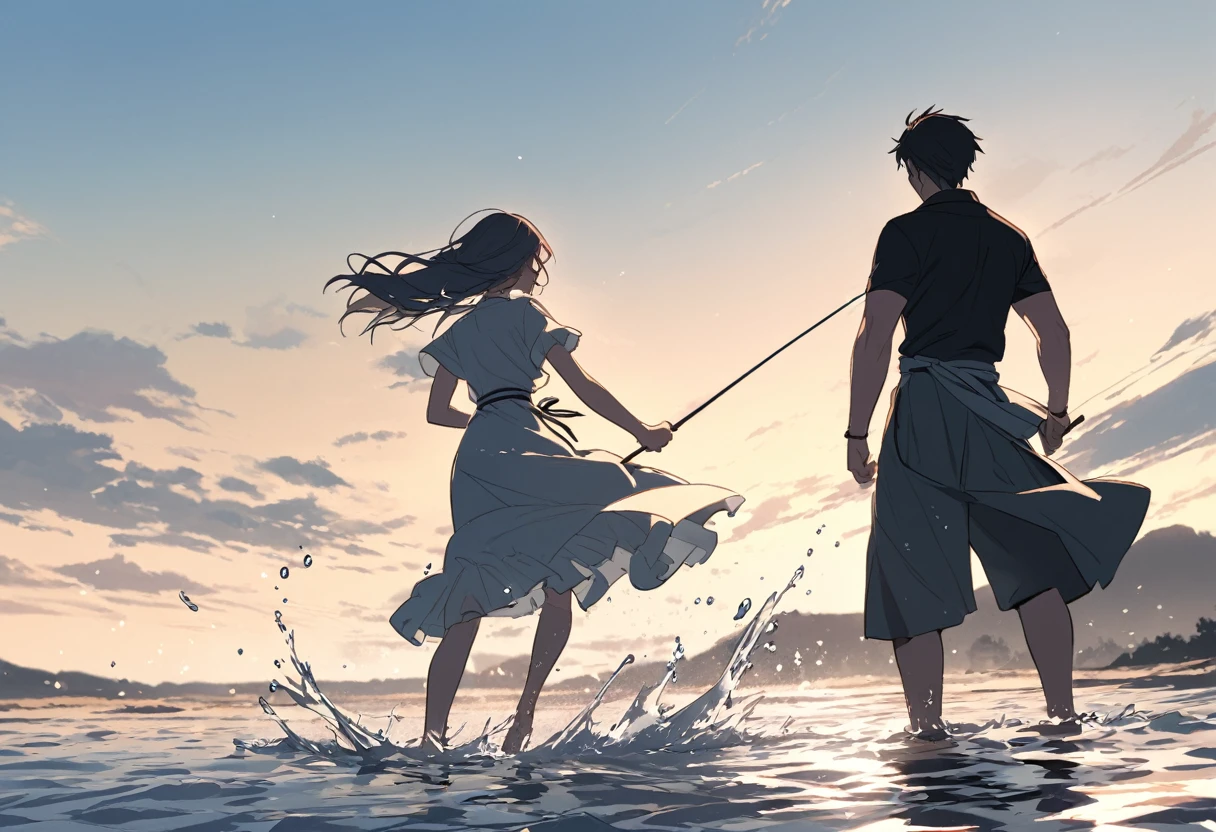 men and women Shallow waters play Just two people Chasing