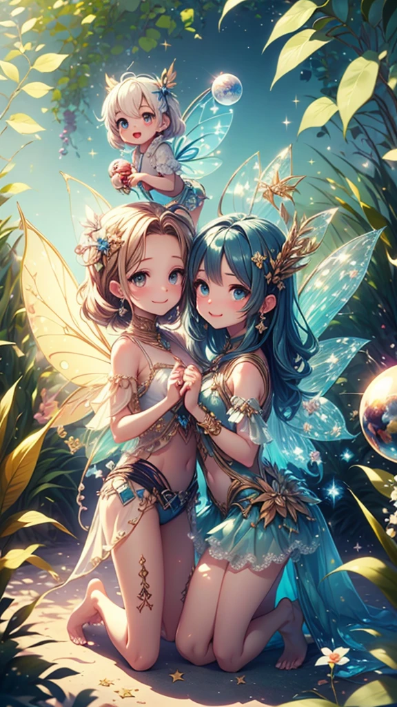 (masterpiece、Highest quality、Highest quality、Beautiful and beautiful:1.2)、Two little fairies、Get excited、Semi-transparent colorful hair、Round and beautiful eyes、Cute Smile、barefoot、Hold the glitter ball and touch it、Chiffon hot pants、Pure、charm、Wide blue sky、Nature、Fantasy art