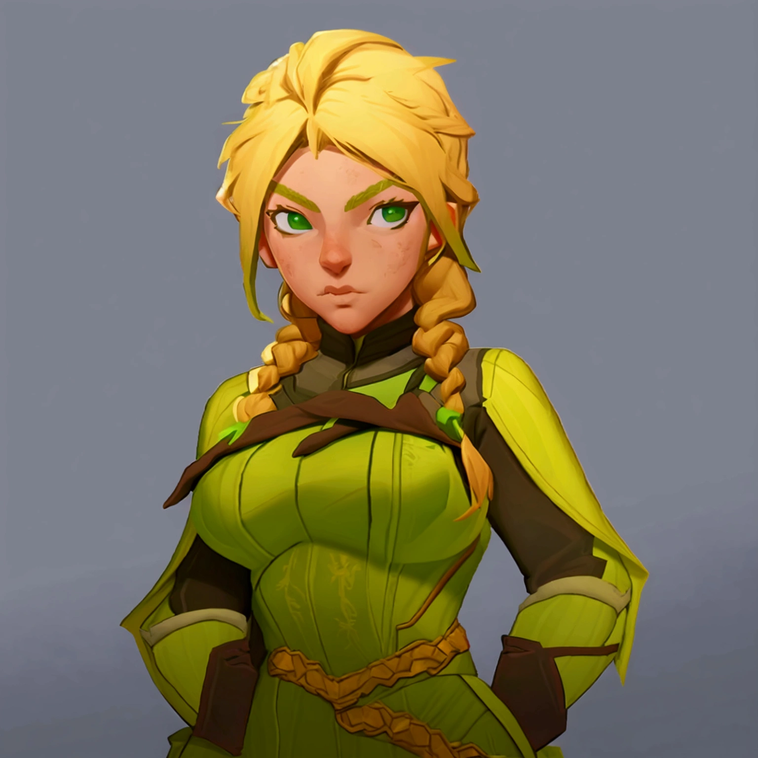concept art, European and American comics, game character design, RPG Fantasy Game Characters, solo, 20-year-old European woman, (((blonde hair, golden hair))), long hair, braid (((Lime green fabric combat suit))),white background, Brown eyebrows ,holding a bow,black eye, Focused on the upper body, Make your face look bigger,((Draw only up to the waistline))), (((Zoom in so the face is clearly visible))), (((Focused on the upper body))), Lime green short-sleeved top, A cloak with a hood, Brown corset, Lime green gloves, Brown waist belt, The belt buckle is lime green, Short lime green skirt, holding a bow, Wearing a quiver,