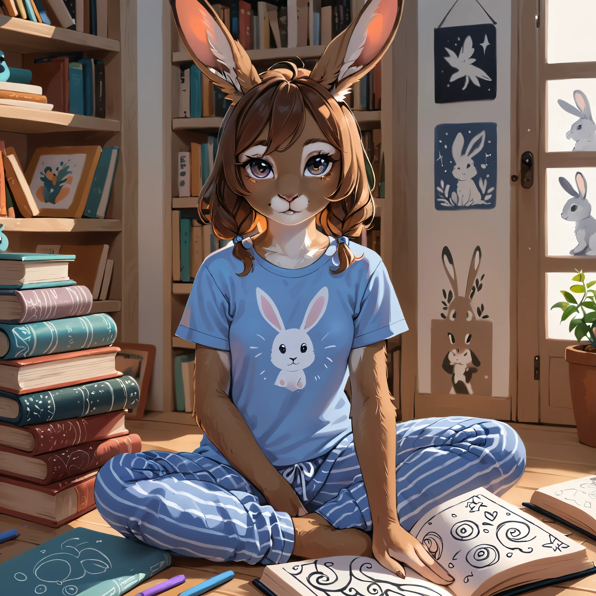 three-quarter portrait, front view, looking at viewer,

hare, cute, sitting, T-shirt, pajama pants, drawing in a book, fantasy imagination chalk drawings in the background,

[by peronalami:by jaynaylor:0.75], best quality, detailed, 
