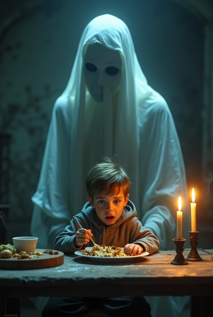 Boy scary eating with ghost 