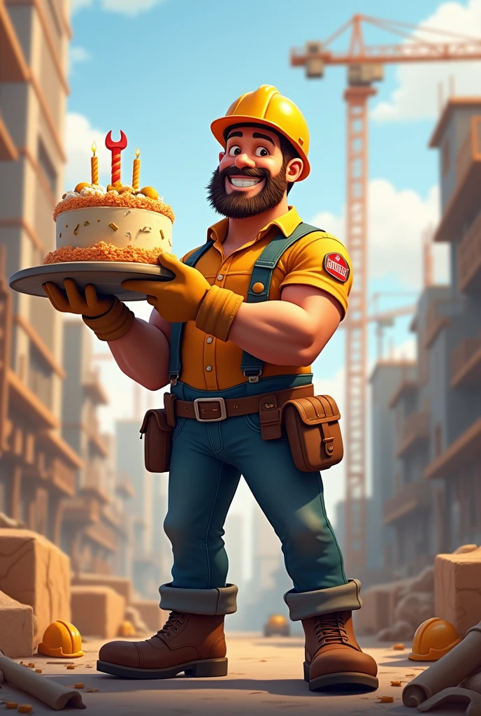 Construction man celebrating his birthday with a cake and construction tools 