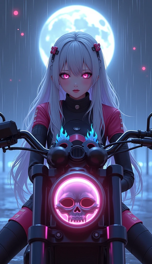 photorealistic,Realistic illustration in Modelshoot style,((masterpiece)),((The best quality)),((Ultra Quality)),((ultra detailed)),((1girl long white hair)),((Only)),((waifu:1.5)),Perfect anatomy,perfect hands,beautiful cuerpo,beautiful_method,ulzzang-6500-v1,e-chica,((Exceptionally Beauty Waifu posando na frente de uma motocicleta futurista)), ((the motorcycle has skulls and blue flames highly detailed 3D graphics)), ((night scenery with full moon in the background, she is wearing a Uniform with 3D skulls and flames and Sailor Miniskirt, Pantyhose)), epic realism, high-octane rendering, obra de arte,,((bright-pink_eyes)),long wavy hair,hair clips,eyeliner,cute makeup,lipstick,Glossy lipstick,with a look of terror, worry and sadness,((eyes detallados perfectos)),rainy with fog outside,evening,pink theme,bioluminiscencia,light particles,((Extremely CG Unity 8K Wallpaper)),((cinematic lighting,Best quality lights)),intricate details,Suave,sharp focus,Extremely beautiful and aesthetic,Octane rendering,Full length portrait,damp skin,((Perfect detailed body)),