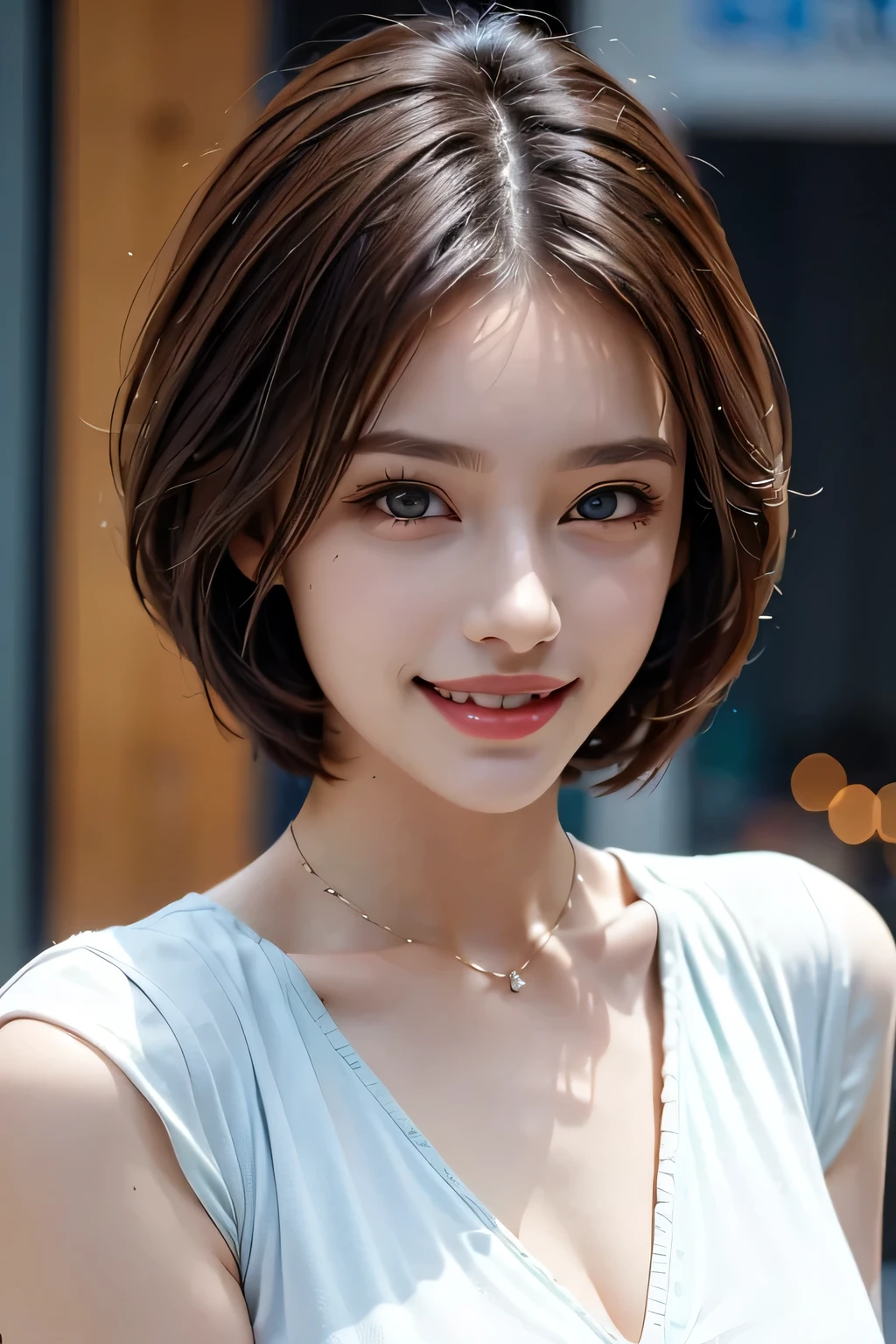 ((masterpiece)), ((Highest quality)), ((Complex)), ((Surreal)), (Realistic), (Mature Woman), ((No classes)), Very detailed, (1 female), Beautiful and exquisite, (Beautiful Teeth), Grin, Brunette bob hair, Brown eyes, ((blouse)), (Upper Body), (background:none), Perfect Eyes, Captivating eyes, Looking at the audience