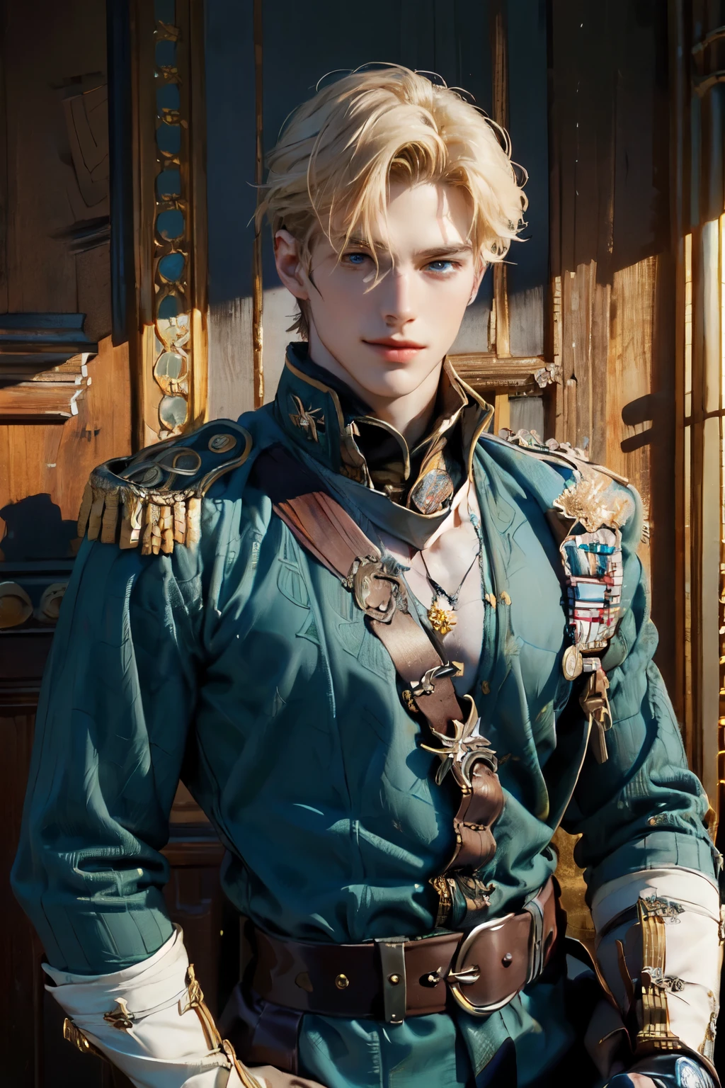Please draw a picture of my fictional character,He is an 18th century European noble male,Duke Heir,blond,blue eyes,(hansome),Handsome,confidence,Leadership,((Thin lips)),His eyes are sharp,Ancient European military uniforms,Smile,(Realistic body proportions, Anatomically correct:1.3), (Wide shoulders: -0.5)