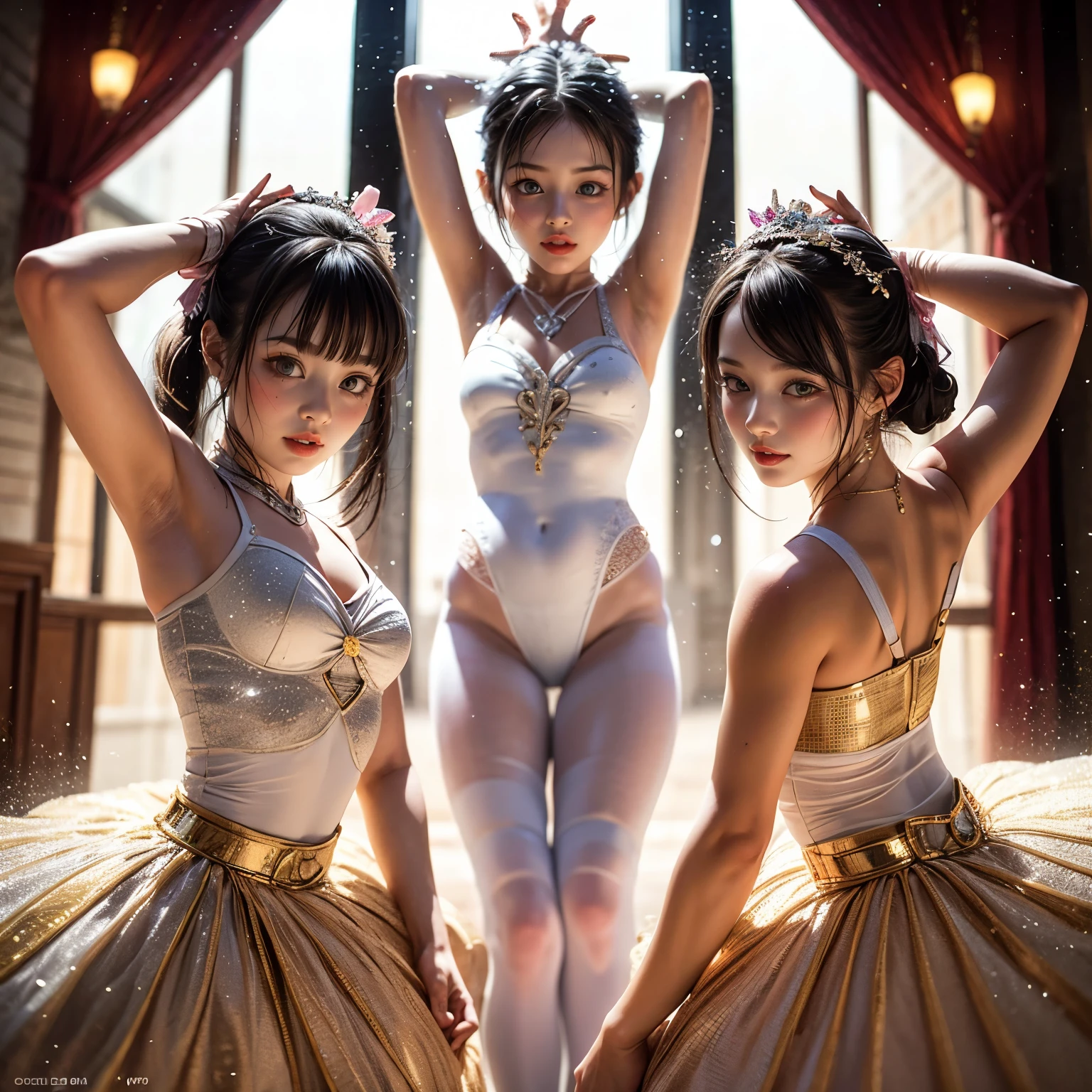 SFW, ExtremelyDetailed (((Kawaii Ballet Girls Group in a row:1.37))), Childish perfect face, Reflective Eyes, Detailed(Delicate Clothing textures), Corrected Leg Line, Corrected Childish Hand, Correct limbs, Dynamic Joyful Expressions LifeLike Rendering, ((Specular Reflection:0.8)), TopQuality 8K Ultra-detailed masterpiece (ProfessionalPhoto:1.37), (Acutance:0.8), (Luminism:1.28), (Light particles:0.75), (Muscle:-0.5), facing away (from side ) (Clearly visible Beautiful hip shape)