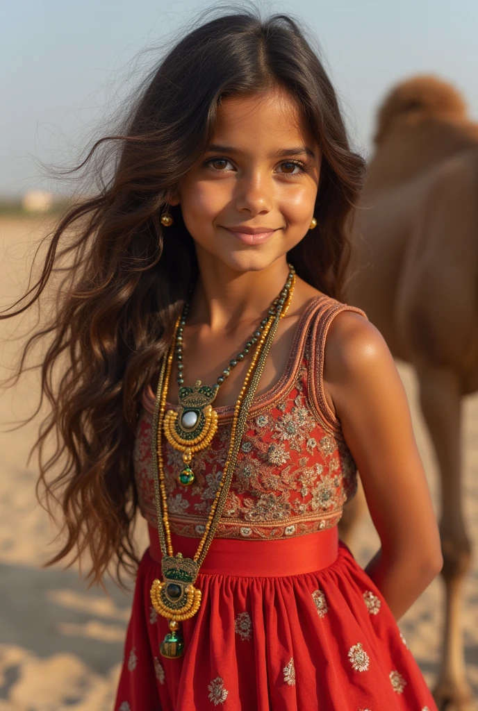 Beautiful girl with wavy long hair, rajasthani dress,  ,Right hand gun or left ,"hand water bottle, camel top"
,the girl belongs to the camel