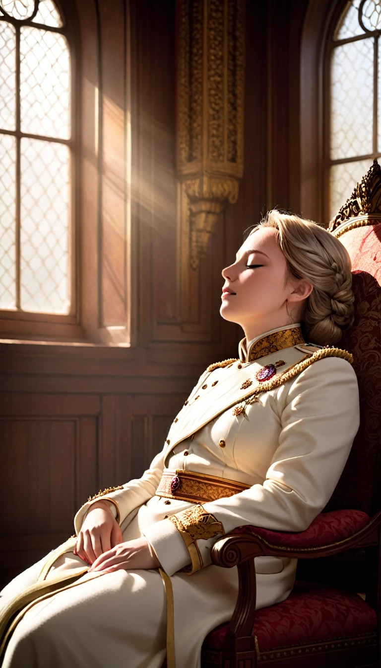 "An image of a leader resting in a regal room, eyes closed, with a soft light streaming through a nearby window, symbolizing a brief moment of peace."
