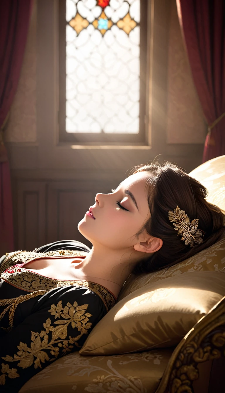 "An image of a leader resting in a regal room, eyes closed, with a soft light streaming through a nearby window, symbolizing a brief moment of peace."
