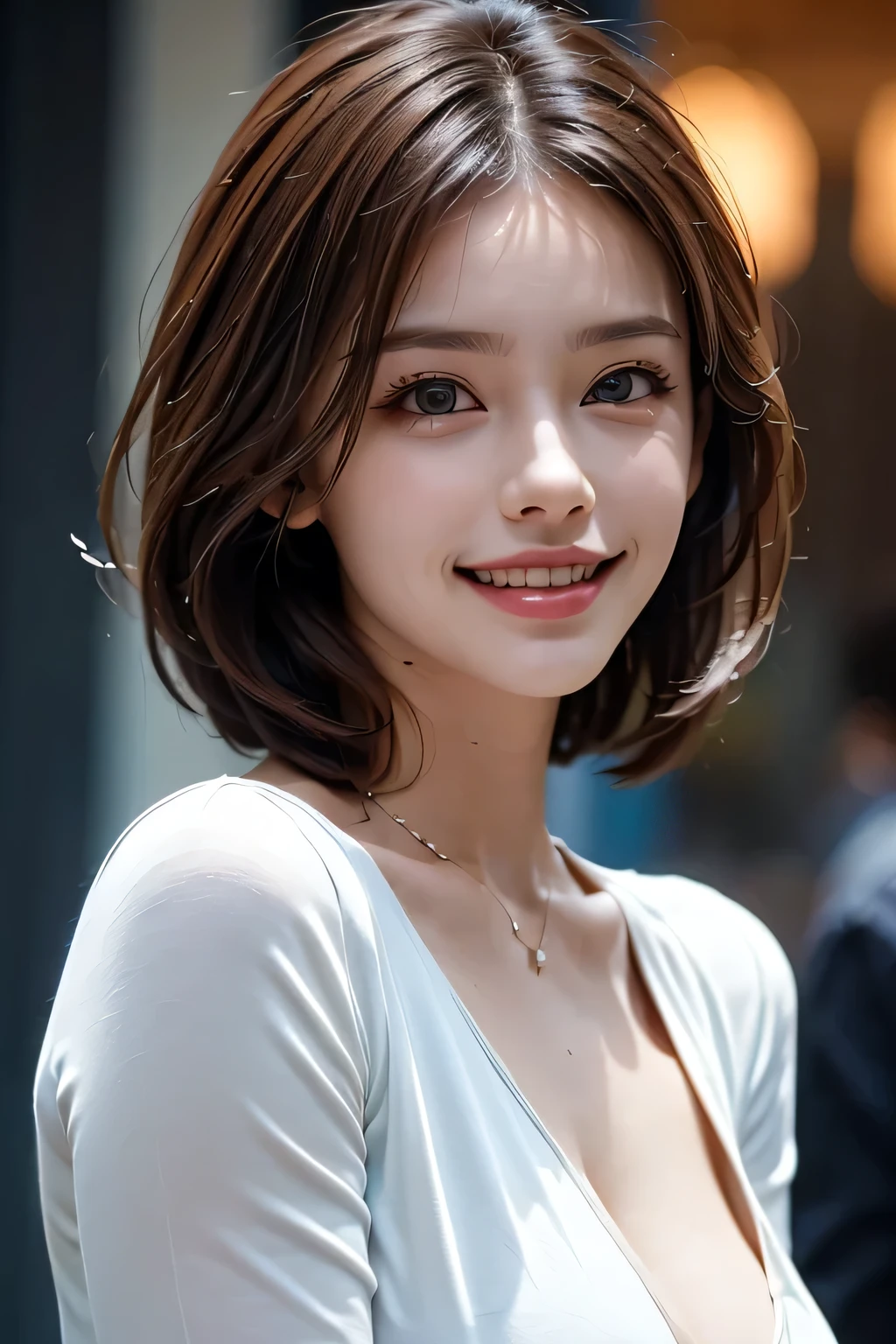 ((masterpiece)), ((Highest quality)), ((Complex)), ((Surreal)), (Realistic), (Mature Woman), ((No classes)), Very detailed, (1 female), Beautiful and exquisite, (Beautiful Teeth), Grin, Brunette bob hair, Brown eyes, ((blouse)), (Upper Body), (background:none), Perfect Eyes, Captivating eyes, Looking at the audience