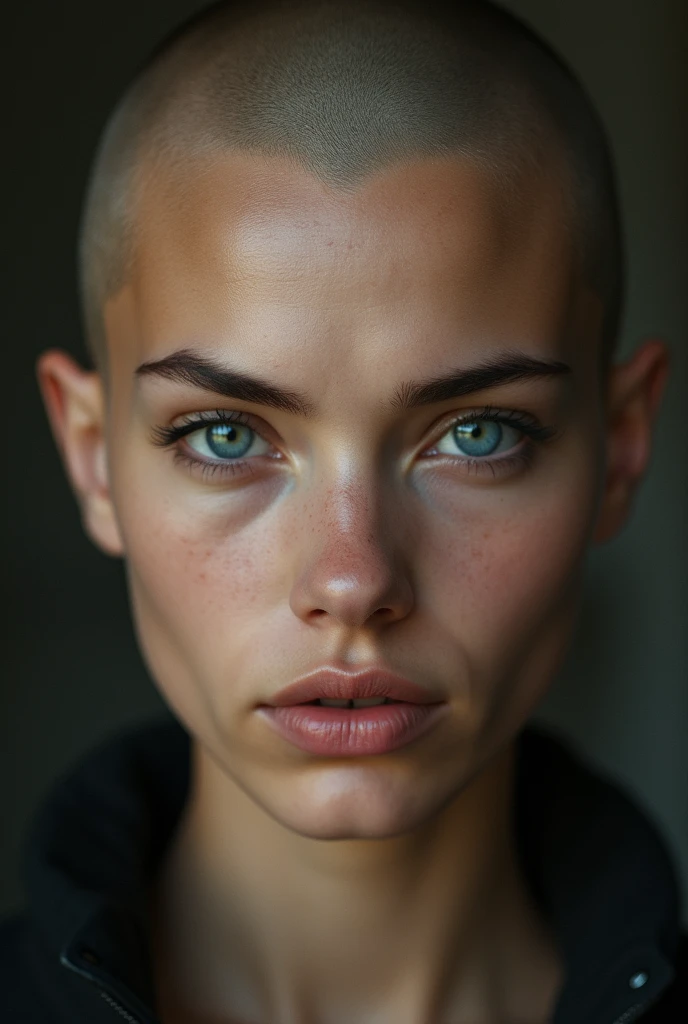 (photorealism:1.2), realistic girl, face front, close up, bald