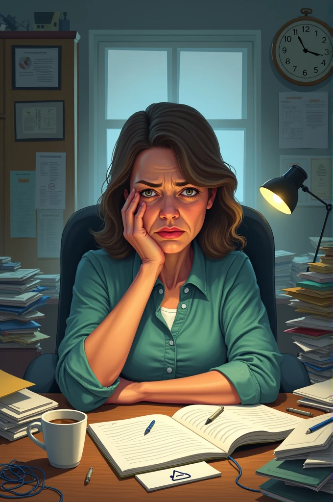 A woman with a tired expression, juggling multiple tasks. She could be sitting at a cluttered desk, balancing paperwork, and looking exhausted.