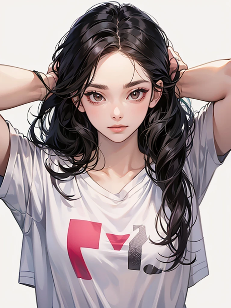 long straight black hair, brown eyes, Sharp features, white skin, perfect, t-shirt, simple background, 1 girl,