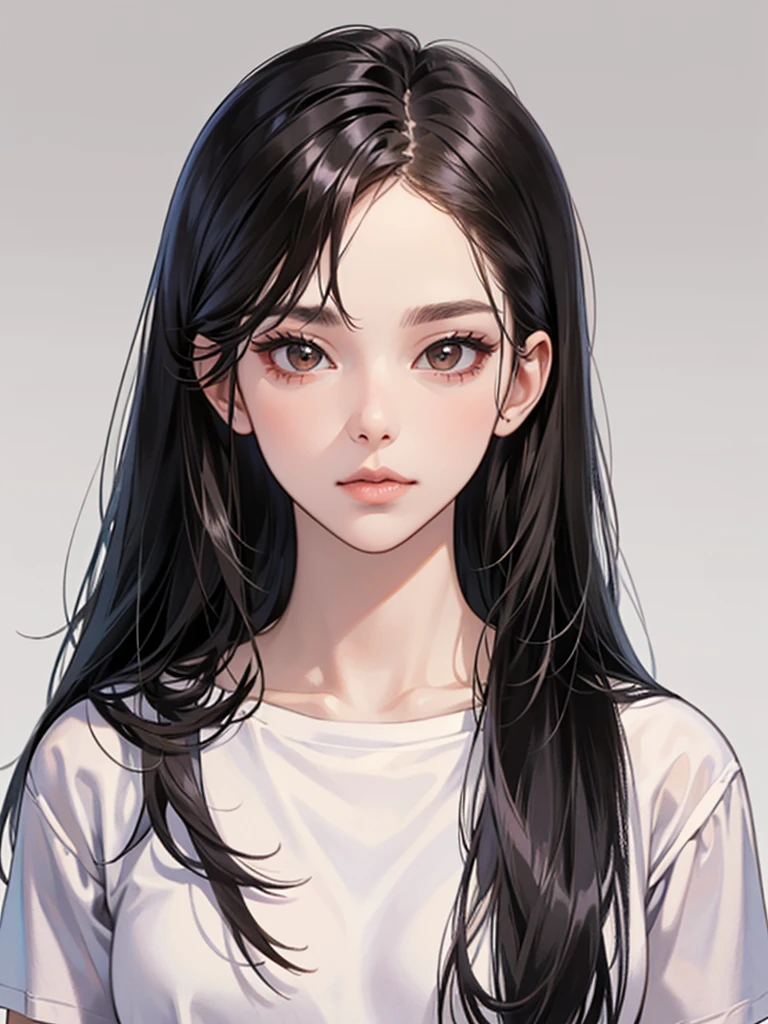 long straight black hair, brown eyes, Sharp features, white skin, perfect, t-shirt, simple background, 1 girl, 