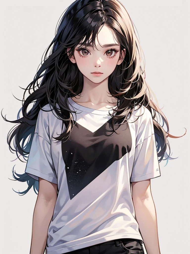 long straight black hair, brown eyes, Sharp features, white skin, perfect, t-shirt, simple background, 1 girl,