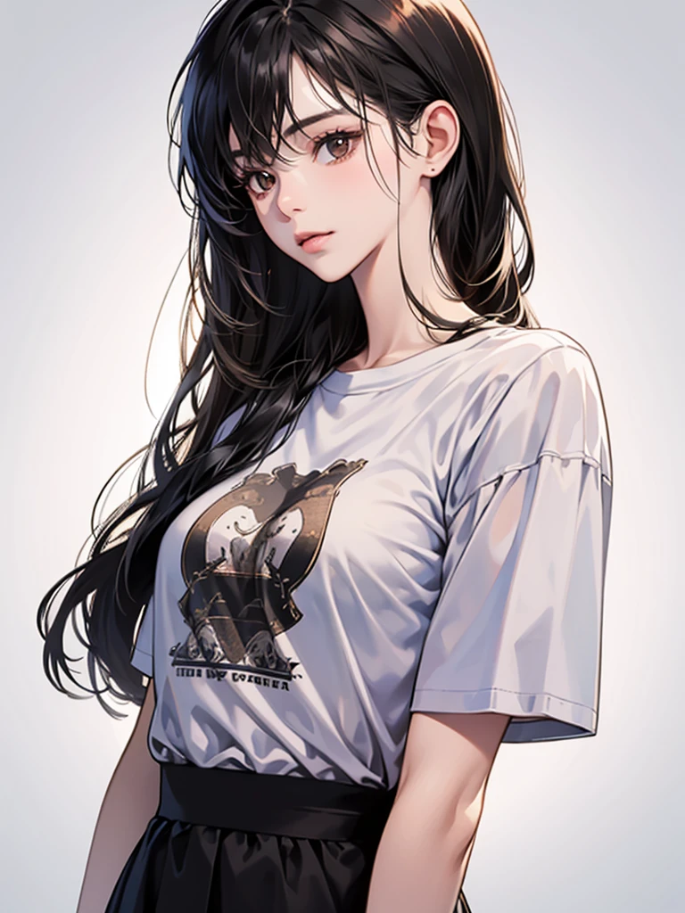 long straight black hair, brown eyes, Sharp features, white skin, perfect, t-shirt, simple background, 1 girl,