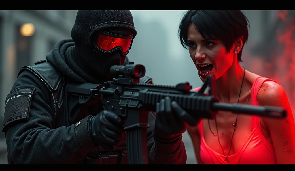 F.E.A.R. operative wearing black tactical balaclava and red googles holding assault rifle is standing with man with short black hair and glowing red aura also his mouth covered in blood