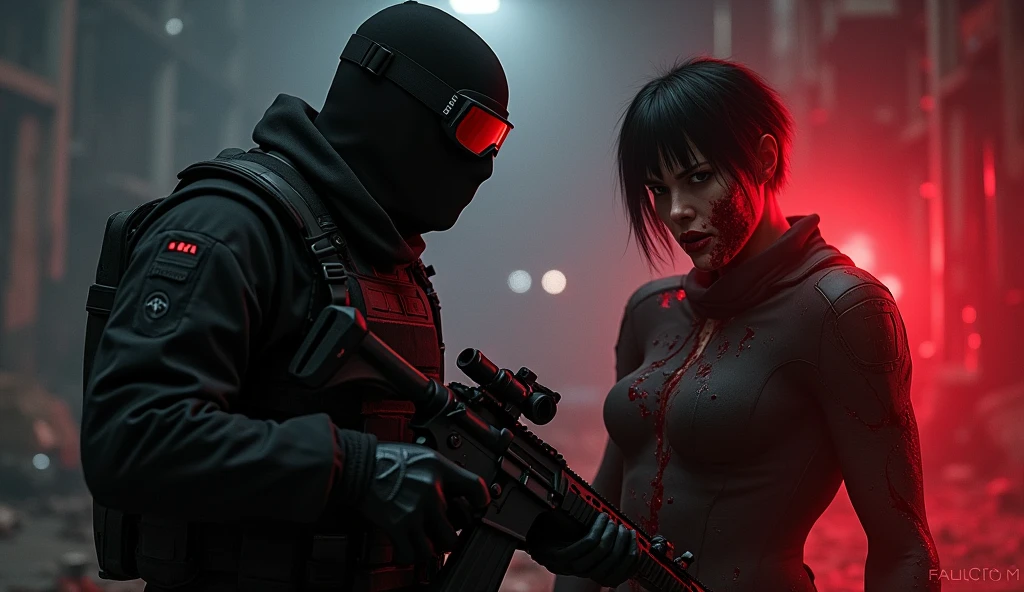 F.E.A.R. operative wearing black tactical balaclava and red googles holding assault rifle is standing with man with short black hair and glowing red aura also his mouth covered in blood