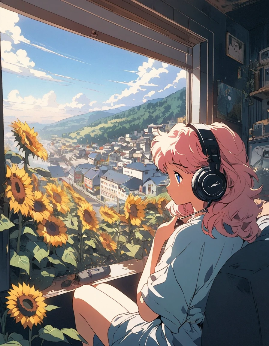  alone, lofi girl, lofi artstyle, lofi art, city, town, Anime Girl, woman sitting on a couch with headphones on and holding a cup, listening to music, listening to godly music, listening to music at 2 am, vibing to music, with headphones, relaxing mood, early morning mood, high quality stock picture, photograph taken in 2 0 2 0, with head phones, girl wearing headphones, the girl on a windowsill, Better hand, better finger, extreme fisheye lens, heterochromia, multicolored eyes, split-color hair, Soft hair, flower, outdoors, sky, day, cloud, tree, blue sky, grass, plant, nature, scenery, stairs, sunflower, 80s anime style, Retro, Lo-Fi